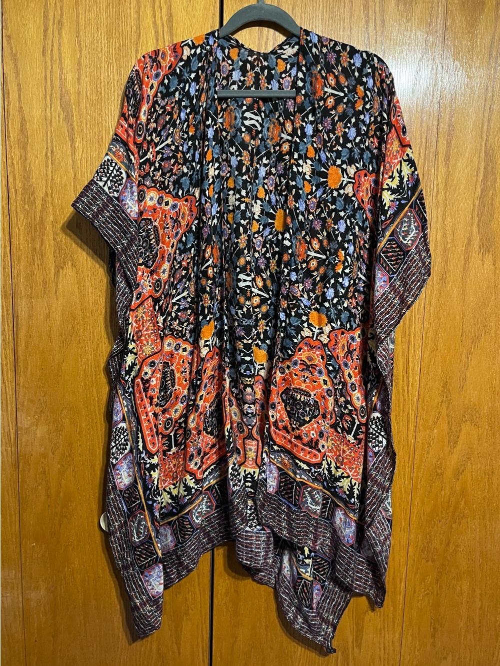 Black Floral & Orange Paisley Kimono Wrap - Women’s Top